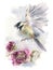 Bird titmouse flying over flower, childrens watercolor illustration
