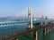 Bird view of Old and New Baishatuo Yangtze River Railway Bridge under blue sky