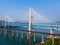 Bird view of Old and New Baishatuo Yangtze River Railway Bridge under blue sky