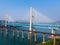 Bird view of Old and New Baishatuo Yangtze River Railway Bridge under blue sky