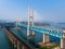 Bird view of Old and New Baishatuo Yangtze River Railway Bridge under blue sky