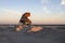 Bird watching tower in evening sunset, located in the new land in the Markermeer, a lake in the Netherlands.