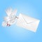 Bird a white pigeon carries a white envelope in a beak