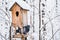 Birdhouse with snow in a winter cold forest and a pigeon bird