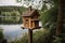 birdhouse with view of peaceful lake, surrounded by tall trees