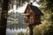 birdhouse with view of peaceful lake, surrounded by tall trees