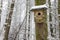 Birdhouse in winter forest