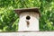 Birdhouse. Wooden house for birds. Birdhouse on a background of green foliage