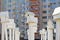 Birdhouses standing in front of an apartment building