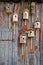 Birdhouses on the wooden wall of barn