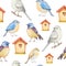 Birds and birdhouses watercolor seamless pattern