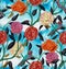 Birds on branches with flowers and berries in an Asian style. Seamless pattern.