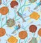 Birds on branches with flowers and berries in an Asian style. Seamless pattern.