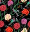 Birds on branches with flowers and berries in an Asian style. Seamless pattern.