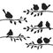 Birds branches silhouettes. Bird set on leaves branch silhouette ornament, starling jay sparrow titmouse sitting on