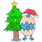 Birds in broken eggs celebrating christmas under the fir tree, doodle icon image kawaii