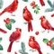 Birds, Christmas seamless pattern, watercolor illustration. Red cardinal holly and spruce branches