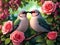Birds couple lover cuddle each other in garden, rose bush. Generative AI
