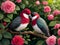 Birds couple lover cuddle each other in garden, rose bush. Generative AI