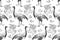 Birds cranes and branches. Seamless pattern. Black and white.