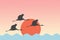 Birds Cranes Storks  flying before Sun over the sea lake Illustration Background