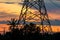 Birds on electricity pillar at sunset