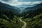 Birds eye view Forest road weaves a zigzag pattern amidst trees