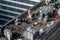 Birds eye view of a roof construction site. Professional bitumen waterproofing on a flat building