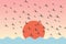 Birds Flamingos flying before Sun over the sea lake Illustration Background