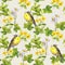 Birds in floral garden - flowers, herbs. Watercolor. Repetitive pattern.