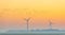 Birds flying over a field with wind turbines at sunrise in autumn