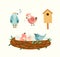 Birds illustrations set. Vector singing birds in the nest with eggs and chick, birdhouse seasonal flat style collection