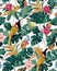 Birds, jungle and floral illustration with outlines. Pattern for wallpapers, fabrics, greeting cards, invitations, banners.