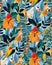 Birds, jungle and floral illustration with outlines. Pattern for wallpapers, fabrics, greeting cards, invitations, banners.