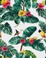 Birds, jungle and floral illustration with outlines. Pattern for wallpapers, fabrics, greeting cards, invitations, banners.