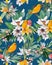 Birds, jungle and floral illustration with outlines. Pattern for wallpapers, fabrics, greeting cards, invitations, banners.