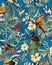 Birds, jungle and floral illustration with outlines. Pattern for wallpapers, fabrics, greeting cards, invitations, banners.