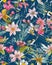 Birds, jungle and floral illustration with outlines. Pattern for wallpapers, fabrics, greeting cards, invitations, banners.