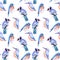 Birds kingfisher, bluejay, bluebird in tints and shades of blue seamless watercolor background