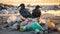 Birds on a littered ocean beach. Garbage everywhere. Polluted nature