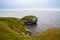 Birds market at grassland rock cliffs at Iceland wild ocean shoreline panorama