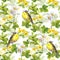 Birds, meadow: herbs, flower, grass. Floral repeating pattern. Watercolor