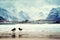 Birds and mountain peak on Lofoten beach in spring season