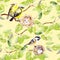 Birds, nest on branch. Seamless repeating pattern. Watercolor