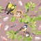 Birds, nest on branch. Seamless repeating pattern. Watercolor