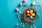 A birds nest with pastel Easter eggs, each uniquely painted with unique pattern on a solid background