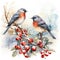 Birds perched on snowy branches, surrounded by the enchanting ambiance of Christmas. Generative AI