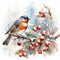 Birds perched on snowy branches, surrounded by the enchanting ambiance of Christmas. Generative AI