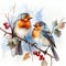 Birds perched on snowy branches, surrounded by the enchanting ambiance of Christmas. Generative AI