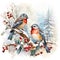 Birds perched on snowy branches, surrounded by the enchanting ambiance of Christmas. Generative AI